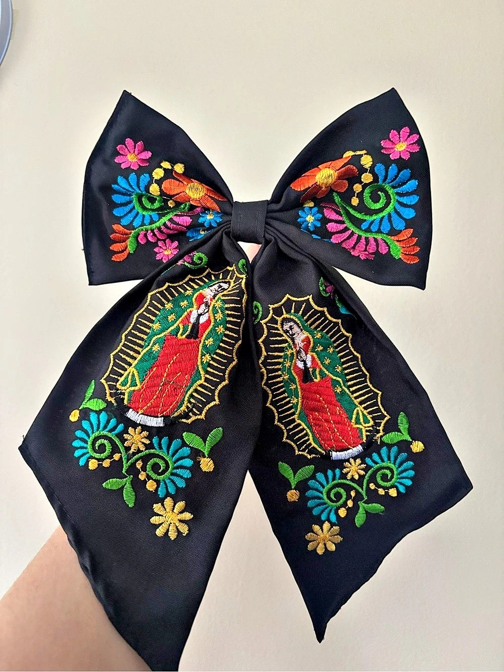 Embroidered Floral Bow Barrette in Black